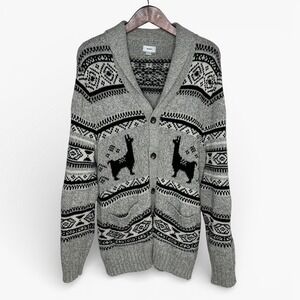 Old Navy Llama Fair Isle Cardigan Sweater Gray Black Shawl Collar Cozy Mens XXL